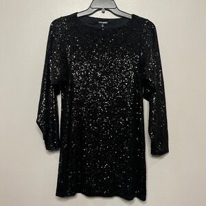 Steve Madden Black Sequin Mini Dress Long Sleeve Party Shift Womens 6 Sparkle